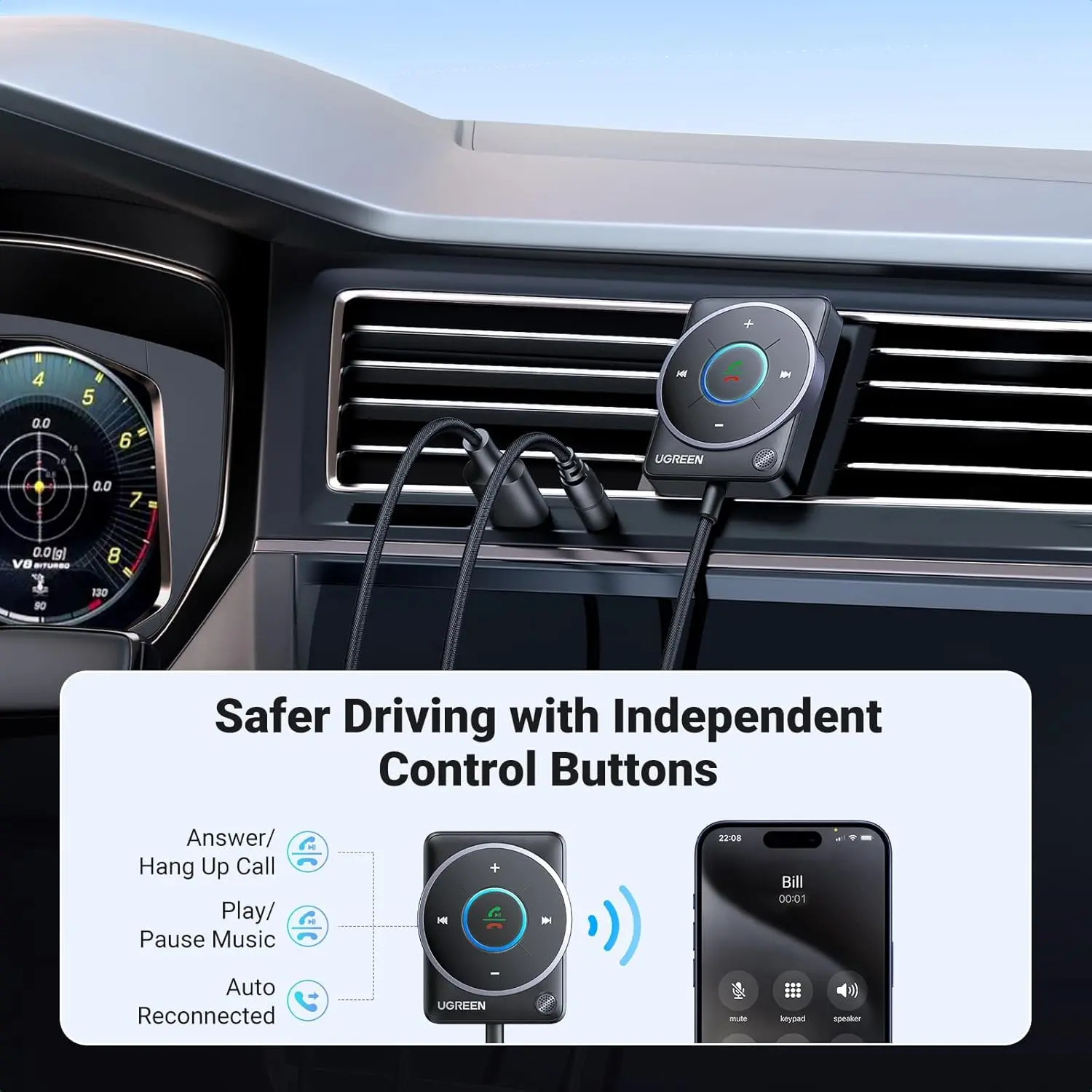 UGREEN Bluetooth 5.4 AUX Car Adapter Enhanced Connection Noise Cancellation Receiver Nylon Cable Car Music Hands-Free (35002) - Image 5