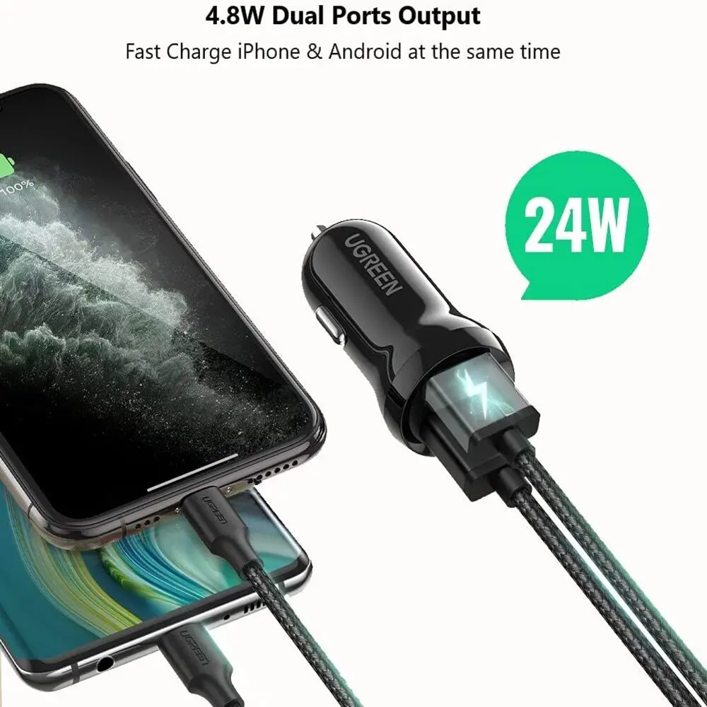 UGREEN 24W Dual USB Car Charger 4.8A Fast Charging Adapter iPhone 14/13/12/11 Galaxy S22/S21/S10 iPad Pro Air Mini (50875) - Image 3