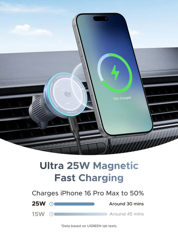 UGREEN 25W MagFlow Magnetic Wireless Car Charger (55967) – Qi2 & MagSafe Compatible Fast Charging Vent Mount - Image 4