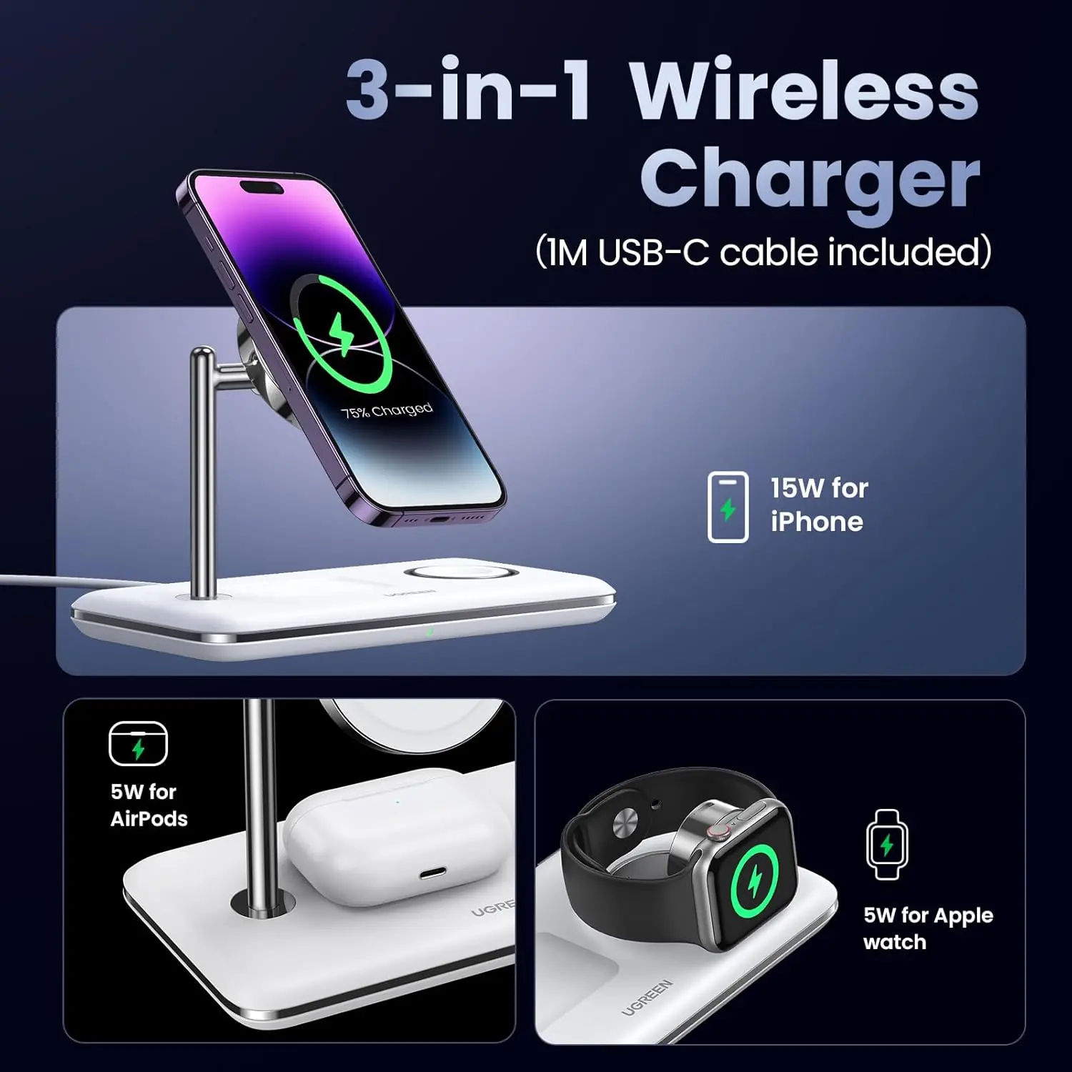 UGREEN 3-in-1 MagSafe Wireless Charging Station 25W Fast Magnetic Charger iPhone 15/14/13/12 AirPods Apple Watch Foldable White 90326 - Image 12