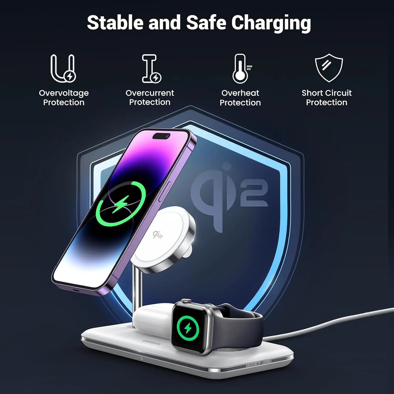 UGREEN 3-in-1 MagSafe Wireless Charging Station 25W Fast Magnetic Charger iPhone 15/14/13/12 AirPods Apple Watch Foldable White 90326 - Image 5
