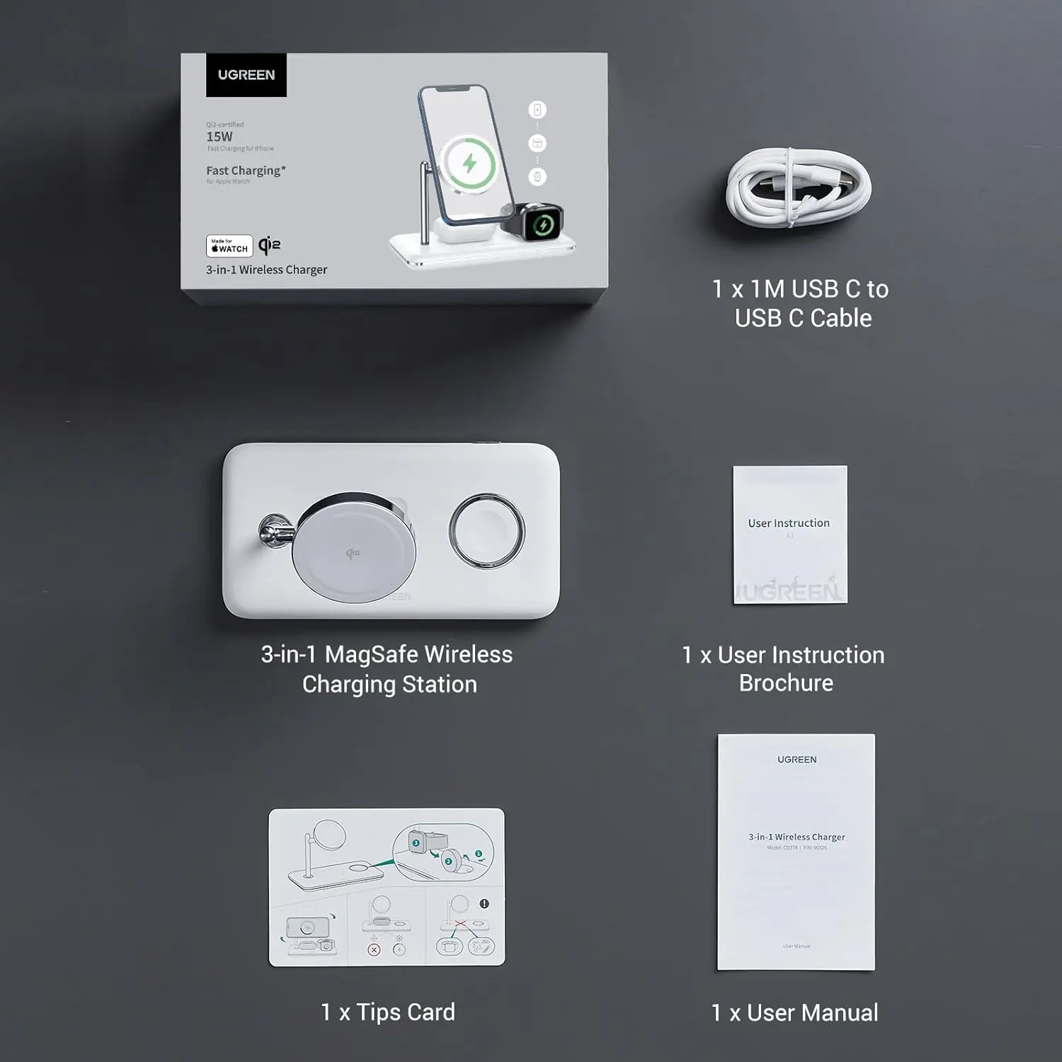 UGREEN 3-in-1 MagSafe Wireless Charging Station 25W Fast Magnetic Charger iPhone 15/14/13/12 AirPods Apple Watch Foldable White 90326 - Image 9