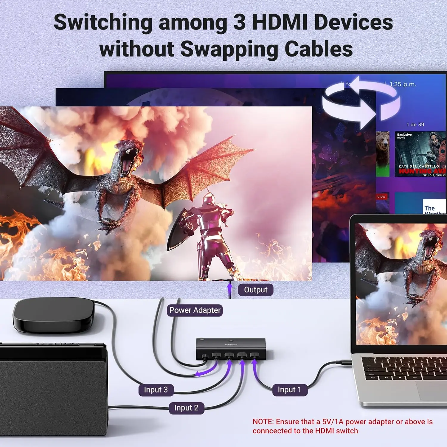 UGREEN 3-in-1 HDMI Switch 4K 60Hz with Remote Control 3 Port HDMI Switcher Box Auto Switching Gaming Console TV 15376 - Image 7