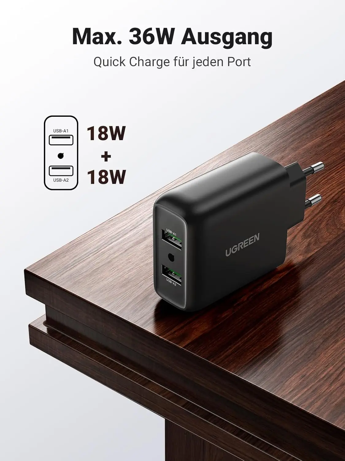 UGREEN 36W 2-Port USB Charger QC 3.0 Fast Charging Galaxy S10 S9 S8 A51 A50 Sony Xperia Redmi Note8 Huawei P30 (10216) - Image 7