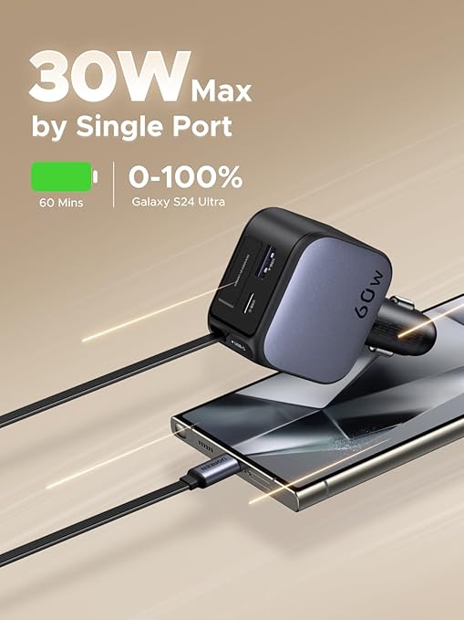 Ugreen 60W Nexode Fast Car Charger With Retractable Cable (1 USB-C 1USB-A) Tablets, Phones (55212B) - Image 3