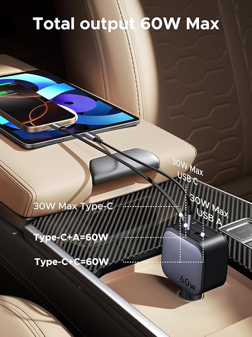 Ugreen 60W Nexode Fast Car Charger With Retractable Cable (1 USB-C 1USB-A) Tablets, Phones (55212B) - Image 4