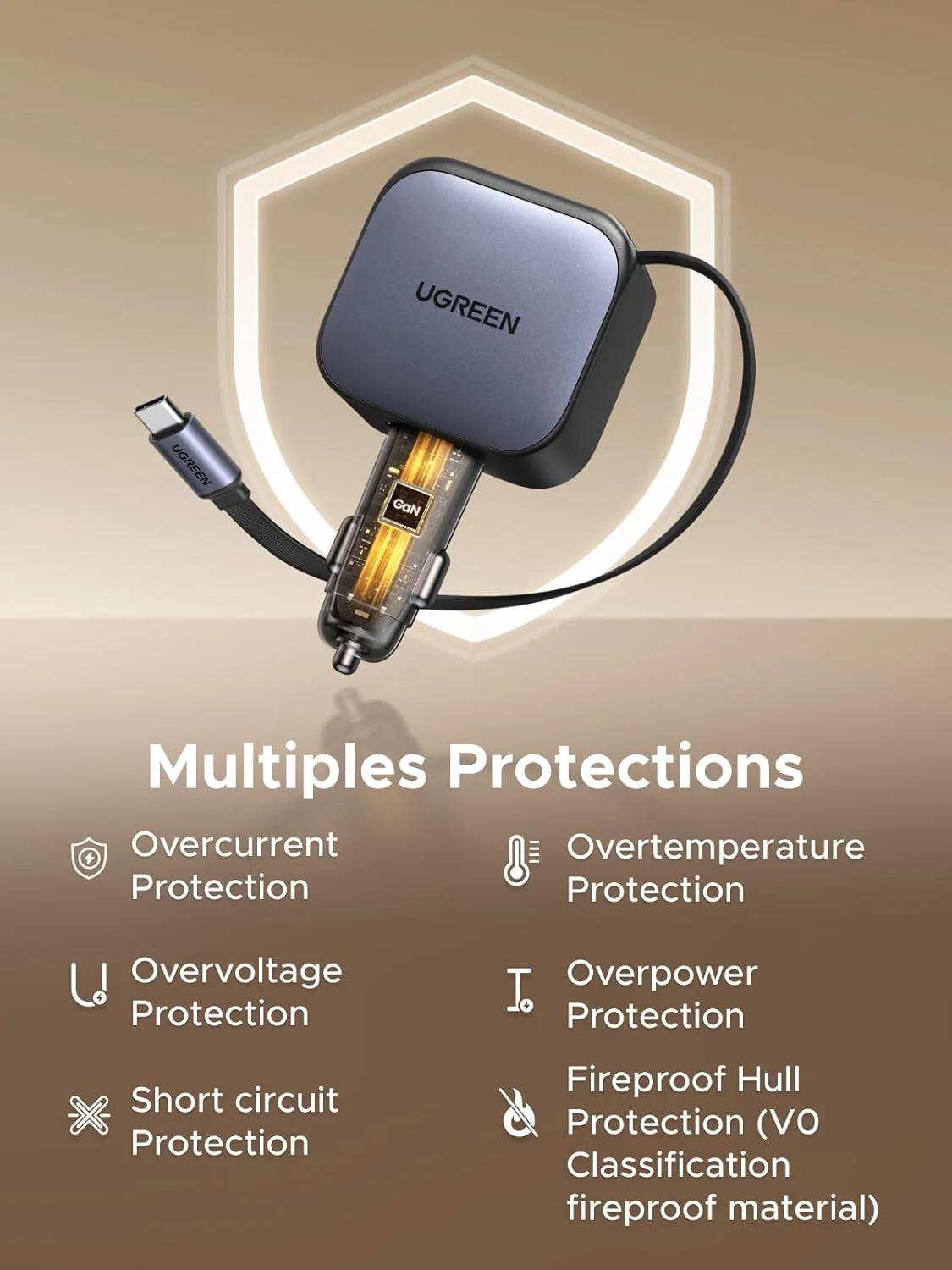 Ugreen 60W Nexode Fast Car Charger With Retractable Cable (1 USB-C 1USB-A) Tablets, Phones (55212B) - Image 5