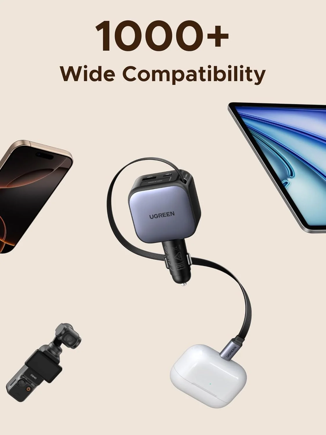 Ugreen 60W Nexode Fast Car Charger With Retractable Cable (1 USB-C 1USB-A) Tablets, Phones (55212B) - Image 6