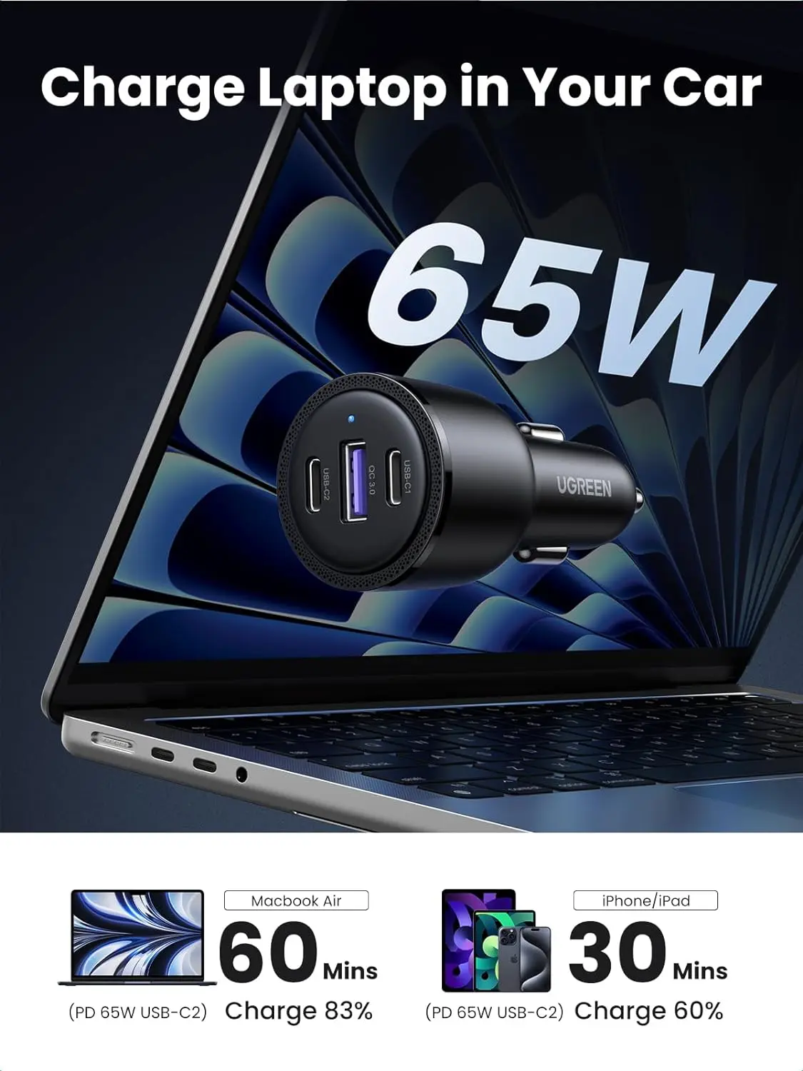 UGREEN 69W USB-C Car Charger 3-Port Fast Charging PD 45W 20W QC 18W iPhone 13 12 11 iPad MacBook Galaxy Pixel 20467 - Image 5