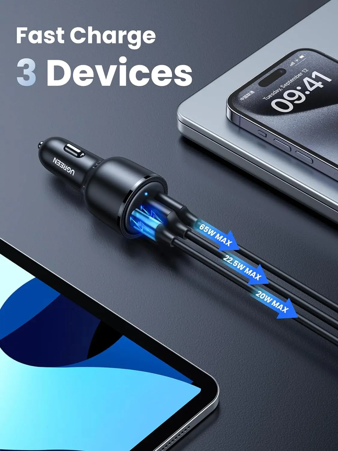 UGREEN 69W USB-C Car Charger 3-Port Fast Charging PD 45W 20W QC 18W iPhone 13 12 11 iPad MacBook Galaxy Pixel 20467 - Image 6