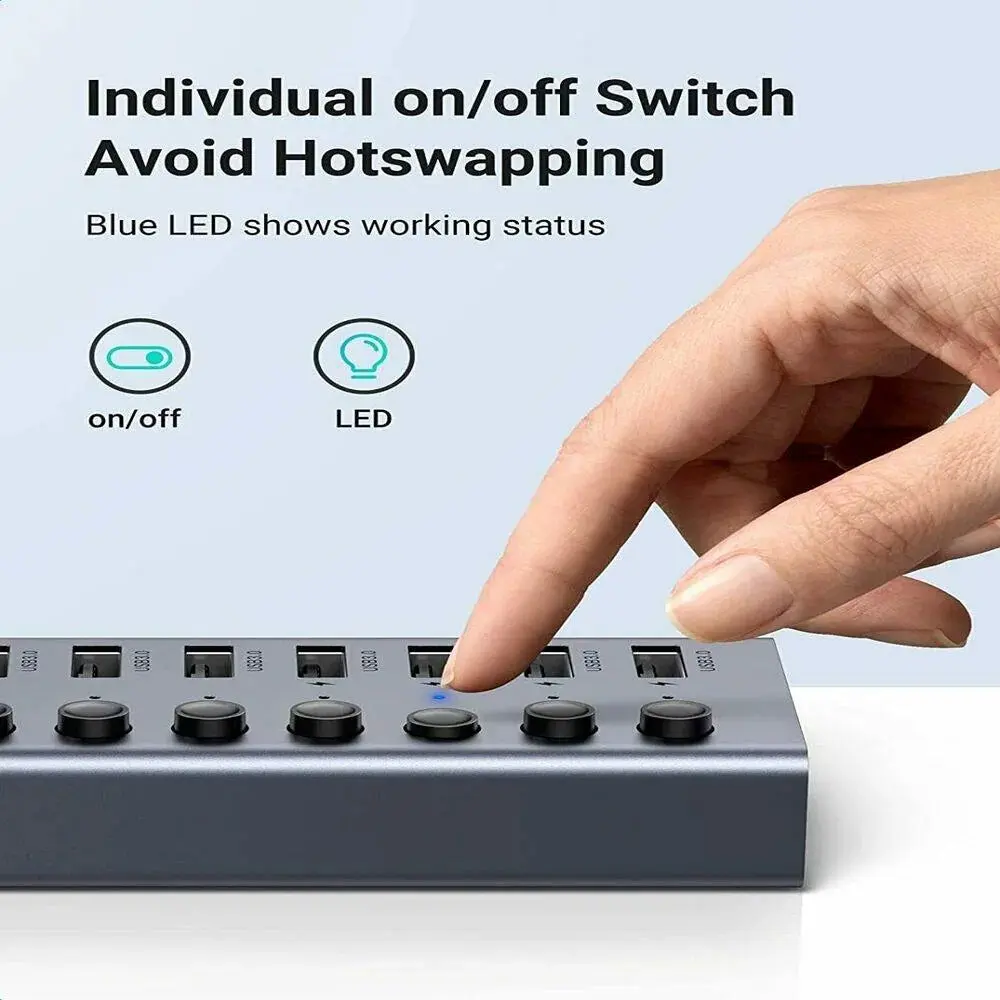 UGREEN 7-Port USB 3.0 Hub Independent Switch 24W Power Supply 12V/2A Charging Data Transfer MacBook Surface Pro7 (90307) - Image 3