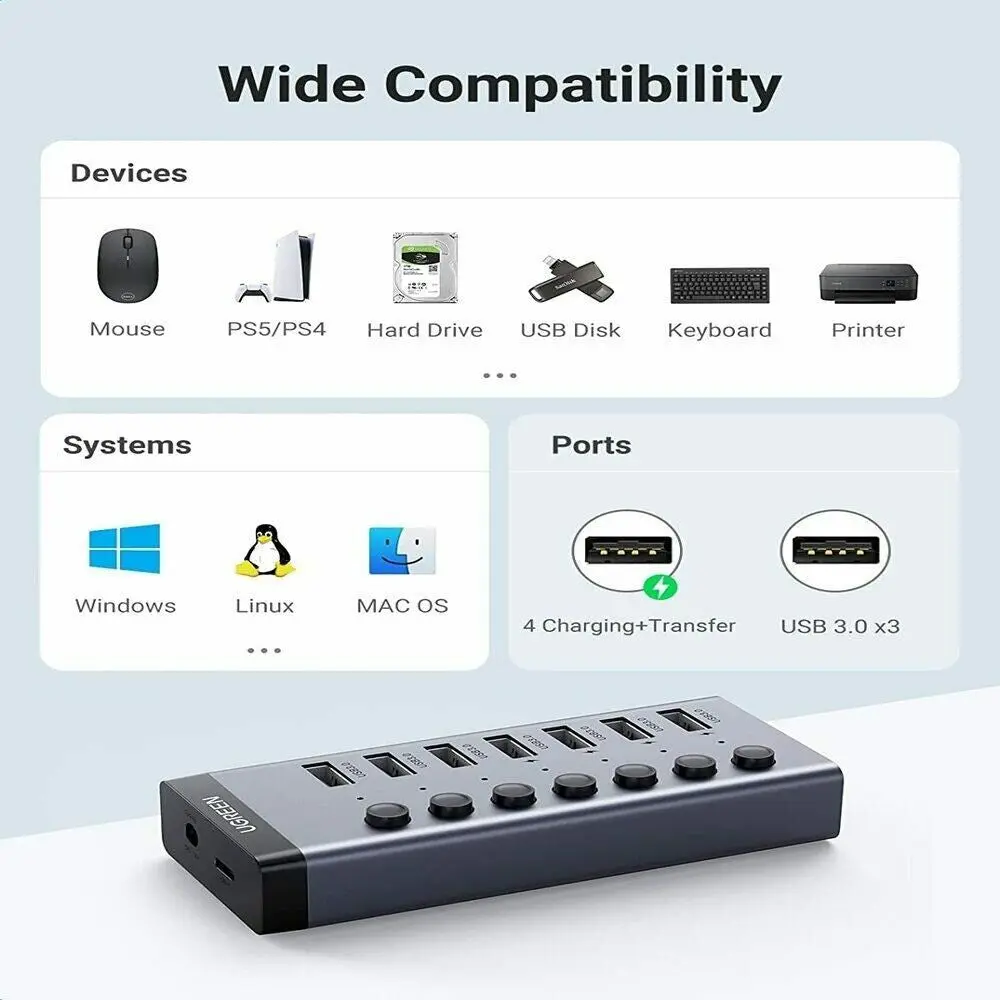 UGREEN 7-Port USB 3.0 Hub Independent Switch 24W Power Supply 12V/2A Charging Data Transfer MacBook Surface Pro7 (90307) - Image 4