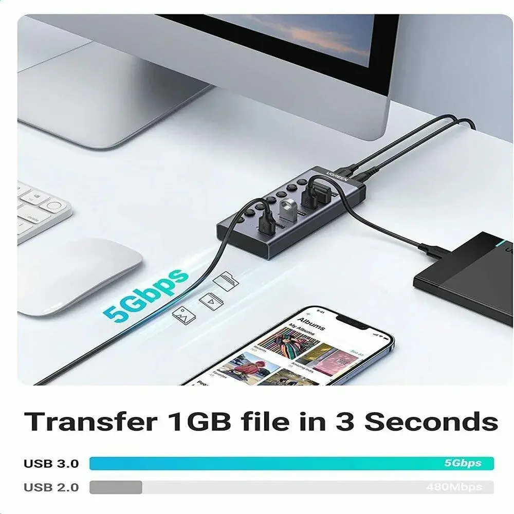 UGREEN 7-Port USB 3.0 Hub Independent Switch 24W Power Supply 12V/2A Charging Data Transfer MacBook Surface Pro7 (90307) - Image 5