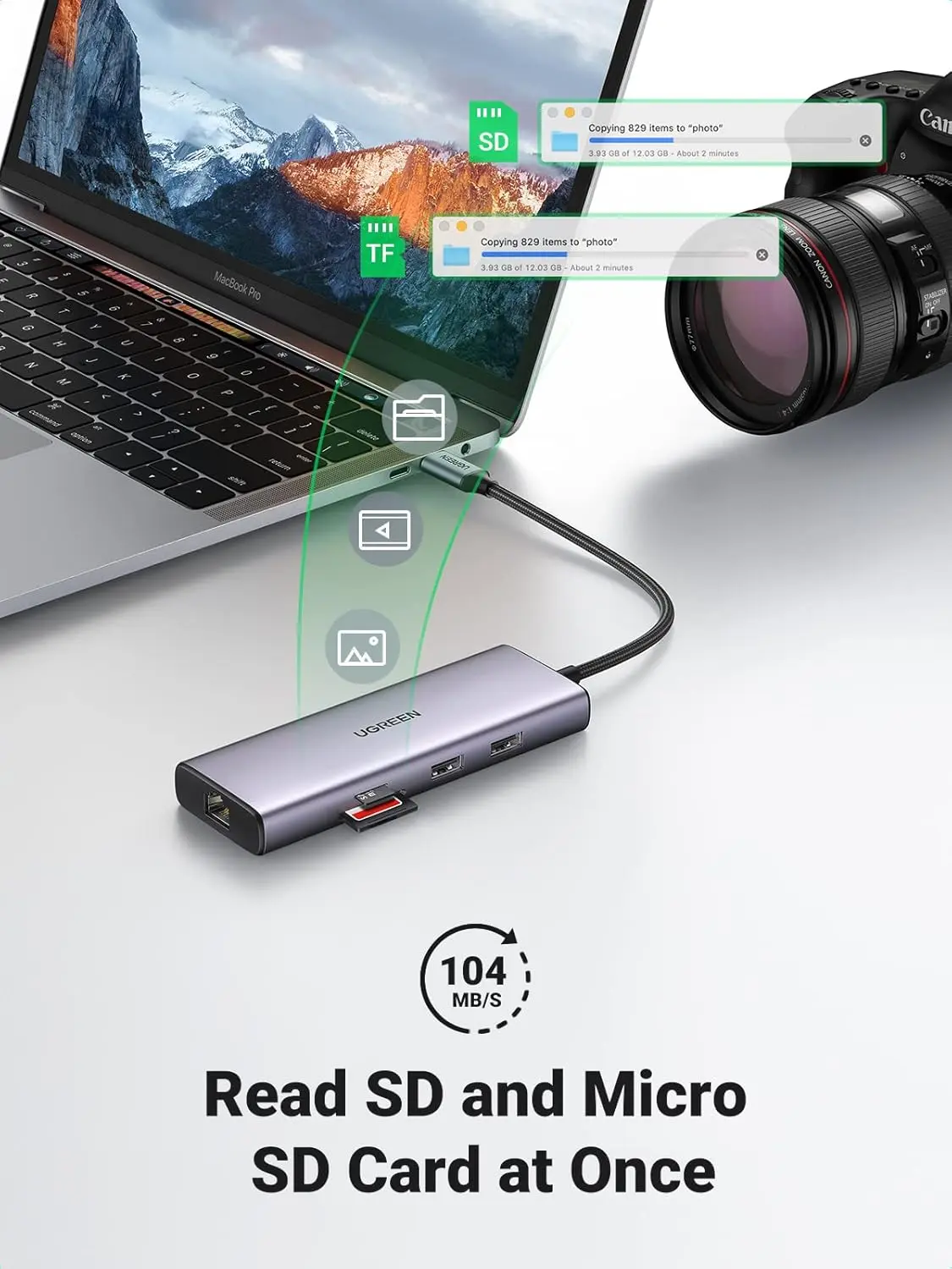 UGREEN 9-in-1 Dual HDMI USB-C Dock USB 2.0 2 USB 3.0 RJ45 1000M USB C PD 60W 2 HDMI 4K 60Hz SD/TF MacBook Dell XPS (90119) - Image 3