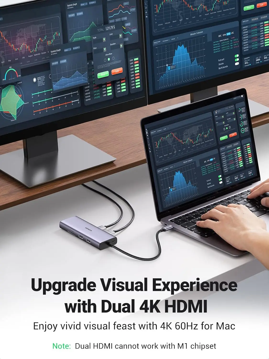 UGREEN 9-in-1 Dual HDMI USB-C Dock USB 2.0 2 USB 3.0 RJ45 1000M USB C PD 60W 2 HDMI 4K 60Hz SD/TF MacBook Dell XPS (90119) - Image 7