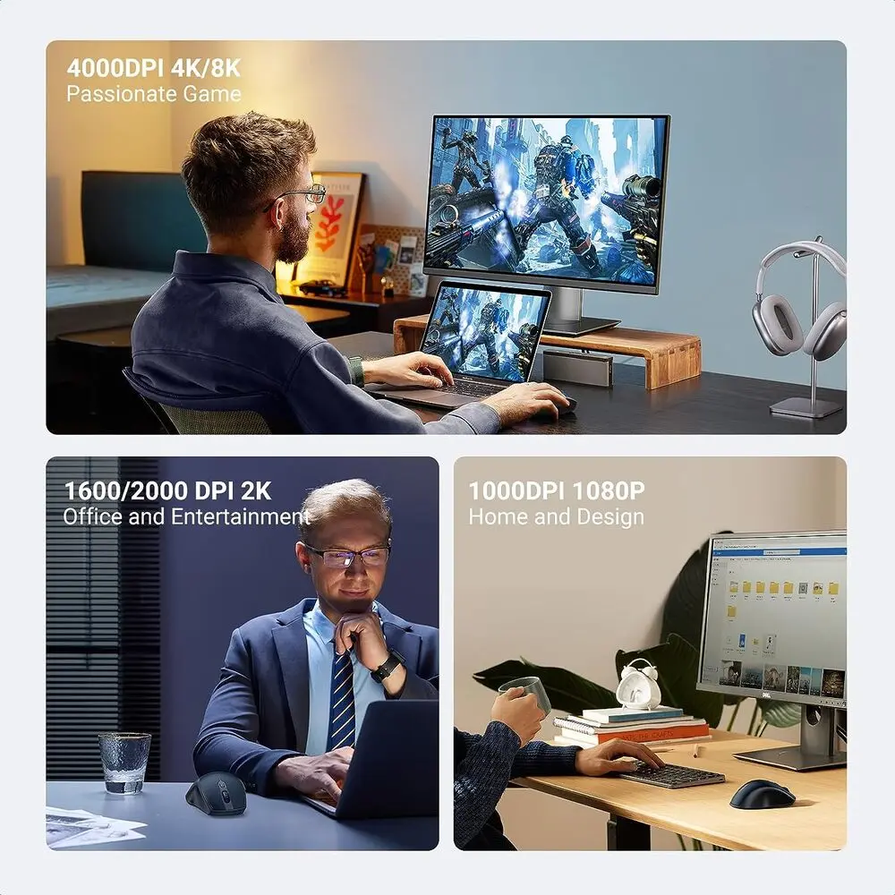 UGREEN Ergonomic 5 Button Silent 2.4G Wireless Bluetooth 5.0 Optical Mouse USB Receiver 4000 DPI MacBook PC Blue (15807) - Image 7