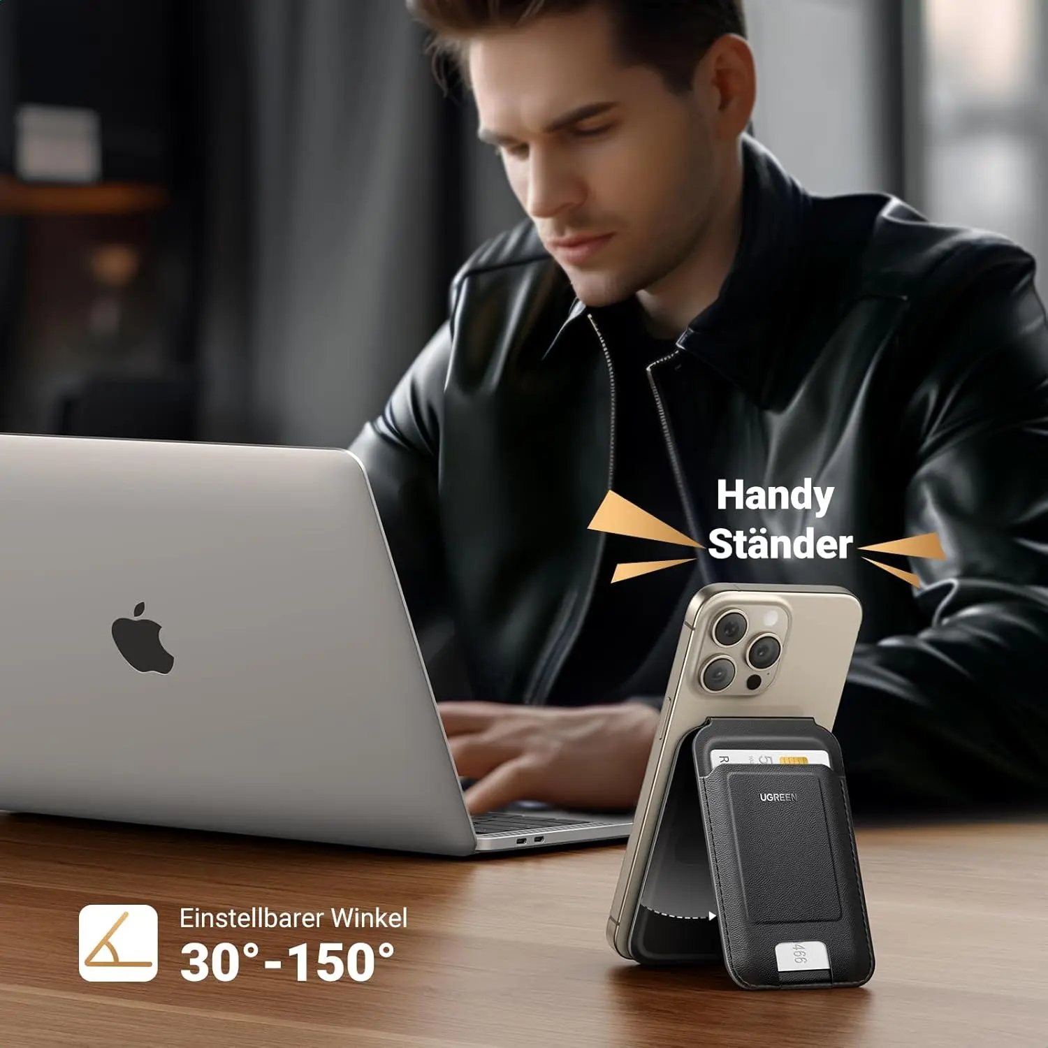 UGREEN Magnetic Phone Card Holder Leather Wallet Stand iPhone 15 14 13 12 Series Minimalist Not Mini Compatible Black (45165) - Image 4