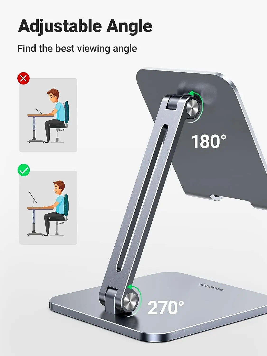 UGREEN Height Adjustable Aluminum Portable Mobile Tablet Stand iPad Pro 12.9 9.7 10.5 Air Mini iPhone 12 Switch (40393) - Image 3