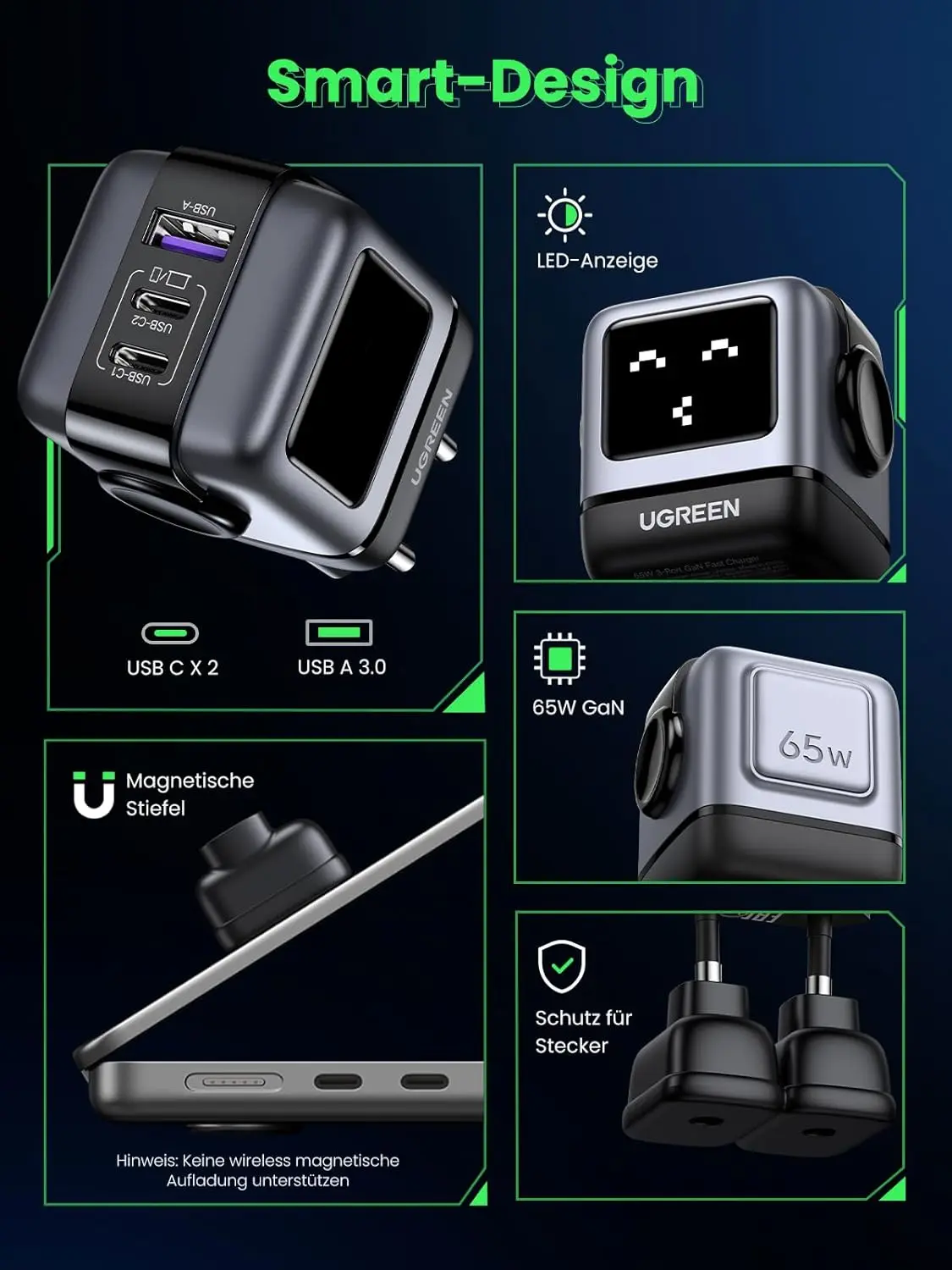 UGREEN Nexode RobotGaN 65W USB C Charger GaN Fast Wall Charger 3 Port 2x USB C 1x USB A iPhone 15 MacBook Galaxy (25685B/EU) - Image 5