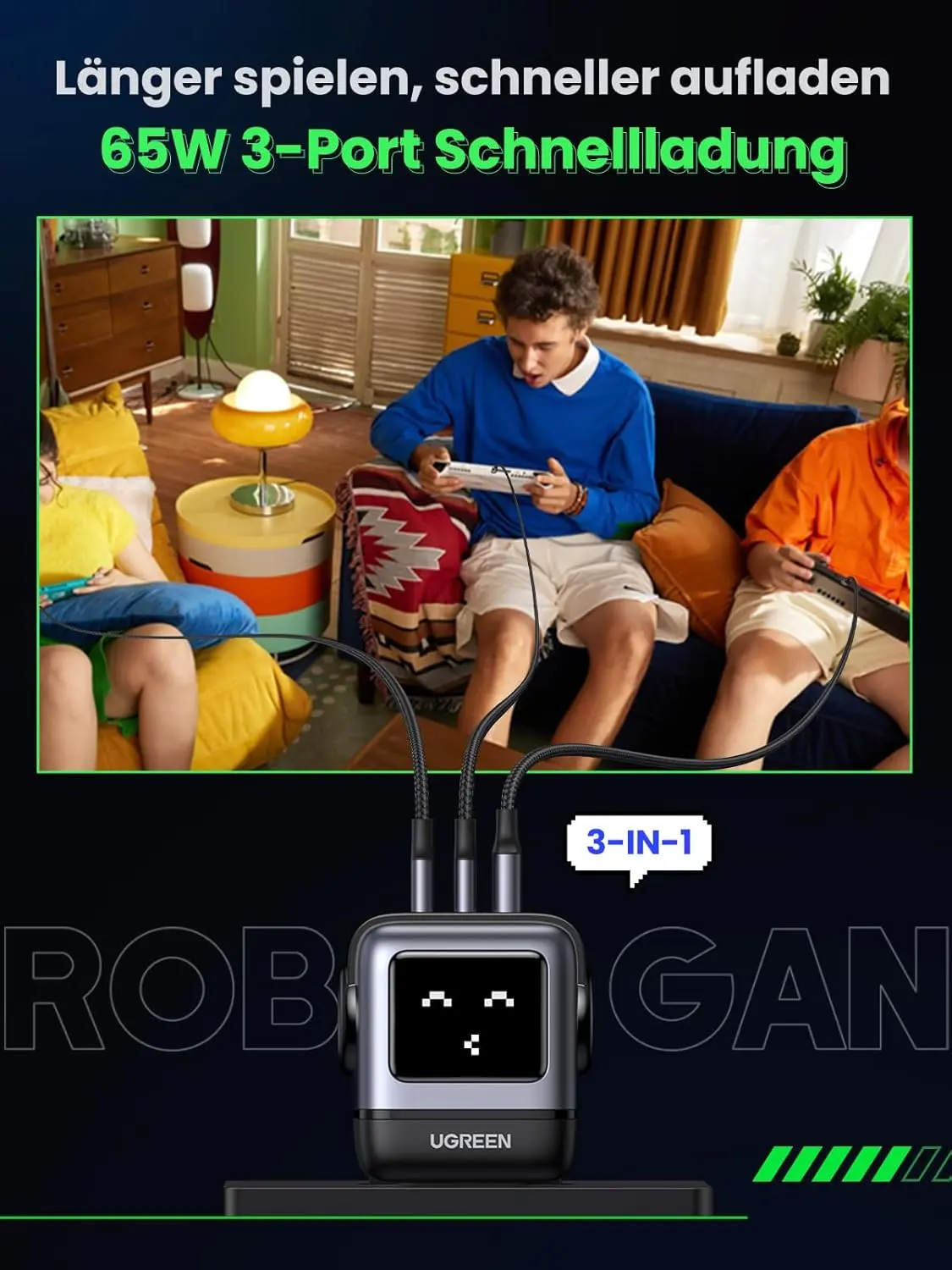 UGREEN Nexode RobotGaN 65W USB C Charger GaN Fast Wall Charger 3 Port 2x USB C 1x USB A iPhone 15 MacBook Galaxy (25685B/EU) - Image 7