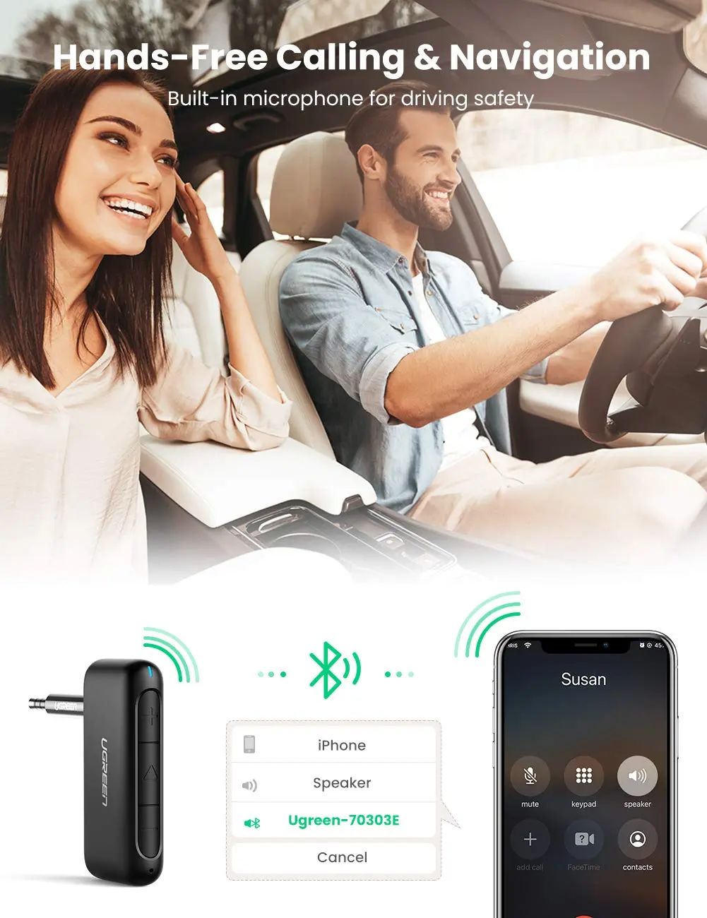 UGREEN Portable Bluetooth 5.0 Receiver Car Wireless Audio Adapter 3.5mm AUX Stereo Output Built-in Microphone 70303 - Image 5
