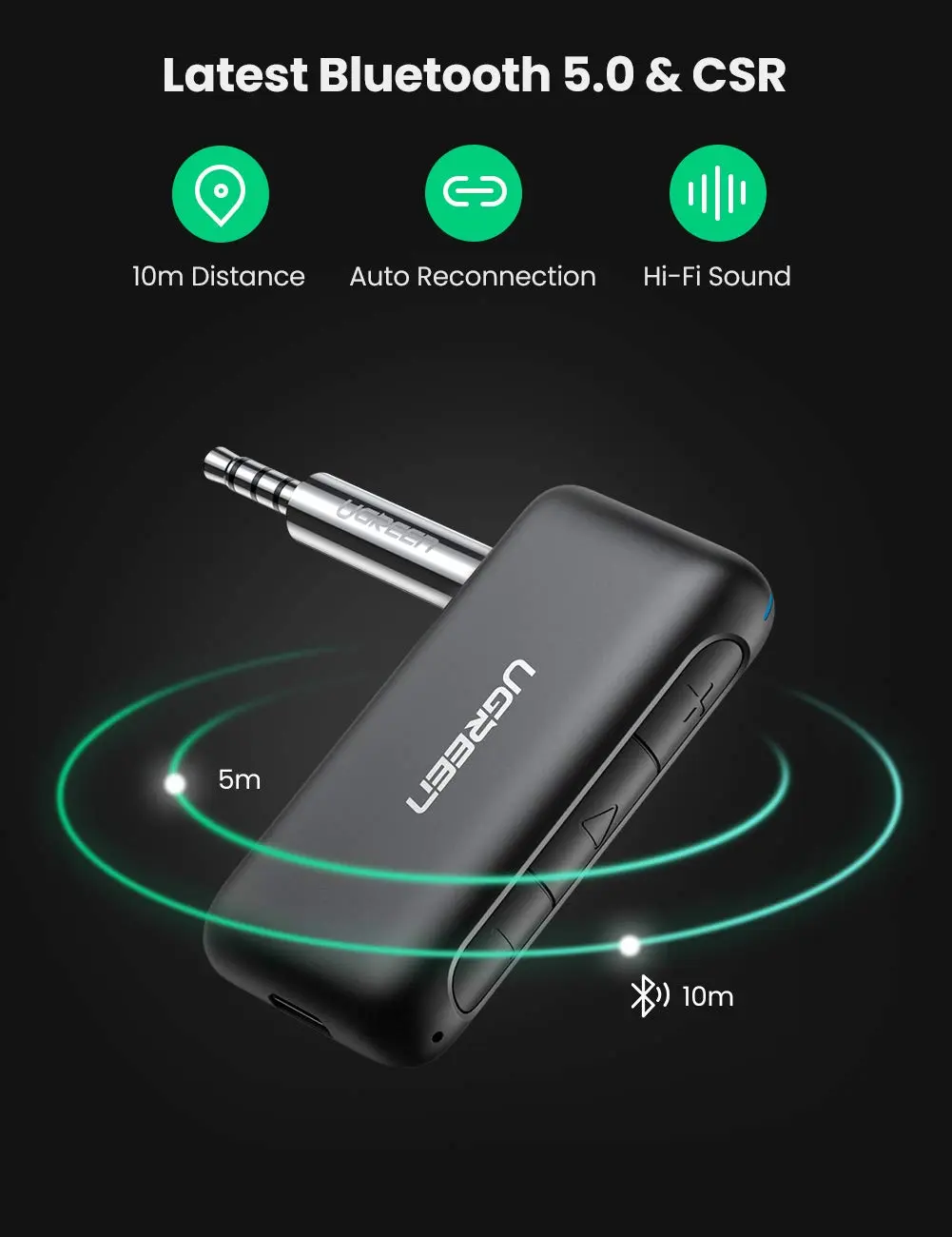 UGREEN Portable Bluetooth 5.0 Receiver Car Wireless Audio Adapter 3.5mm AUX Stereo Output Built-in Microphone 70303 - Image 7