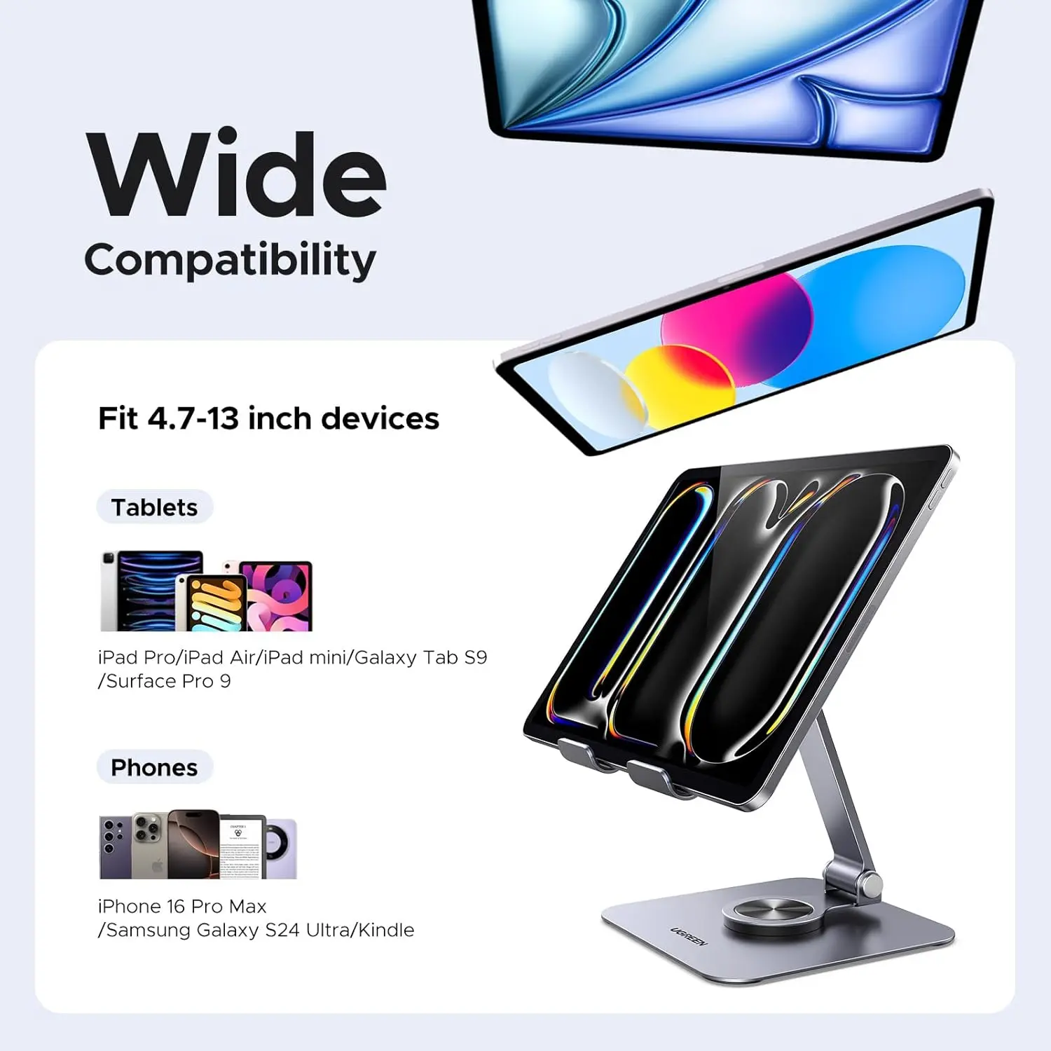 UGREEN Tablet Stand Holder Desk 360° Rotating Aluminum Adjustable Multi-Angle Home Office iPad Pro Air Mini 13 12.9 11 (45860) - Image 8